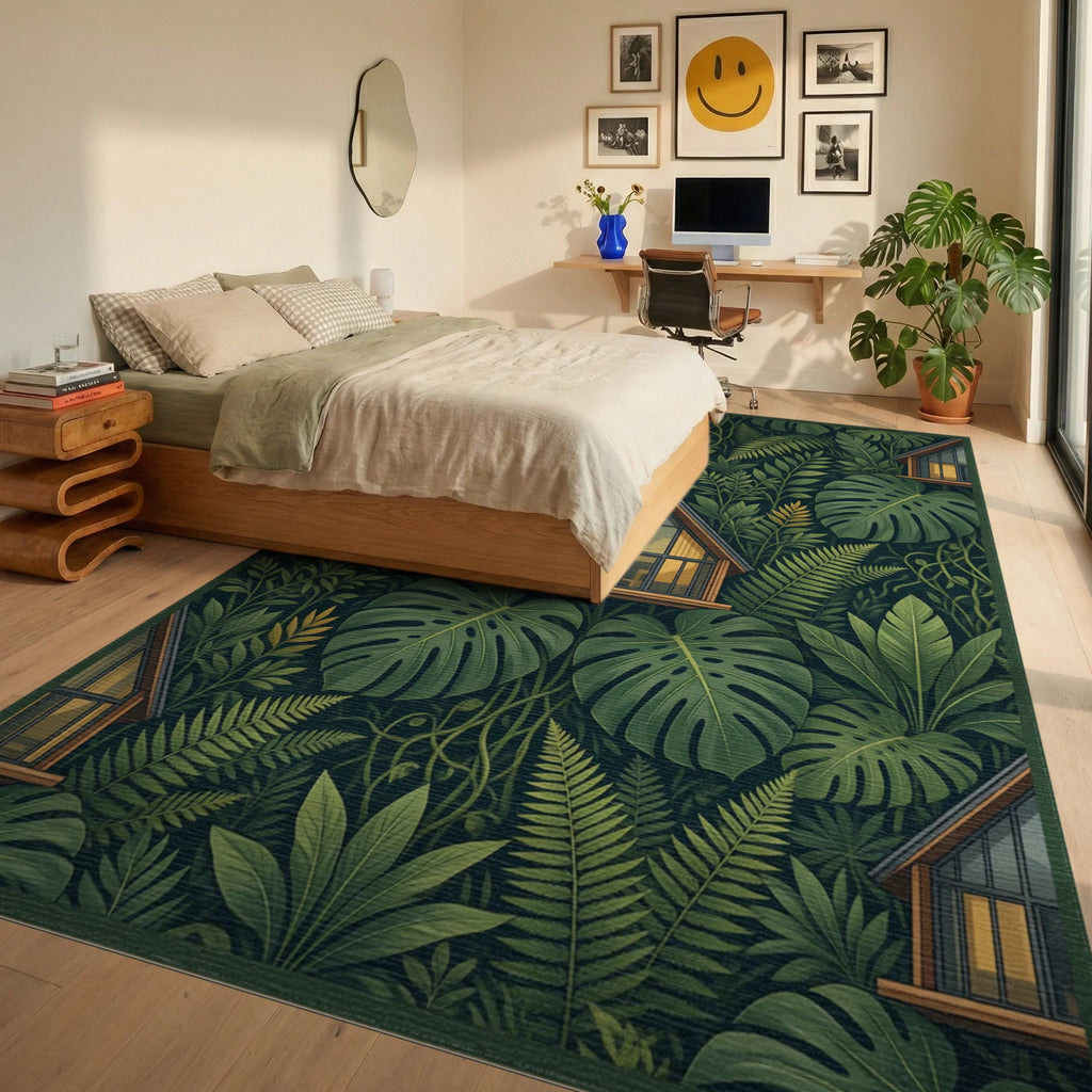 Botanical Cabin Forest Green Area Rug - bedroom