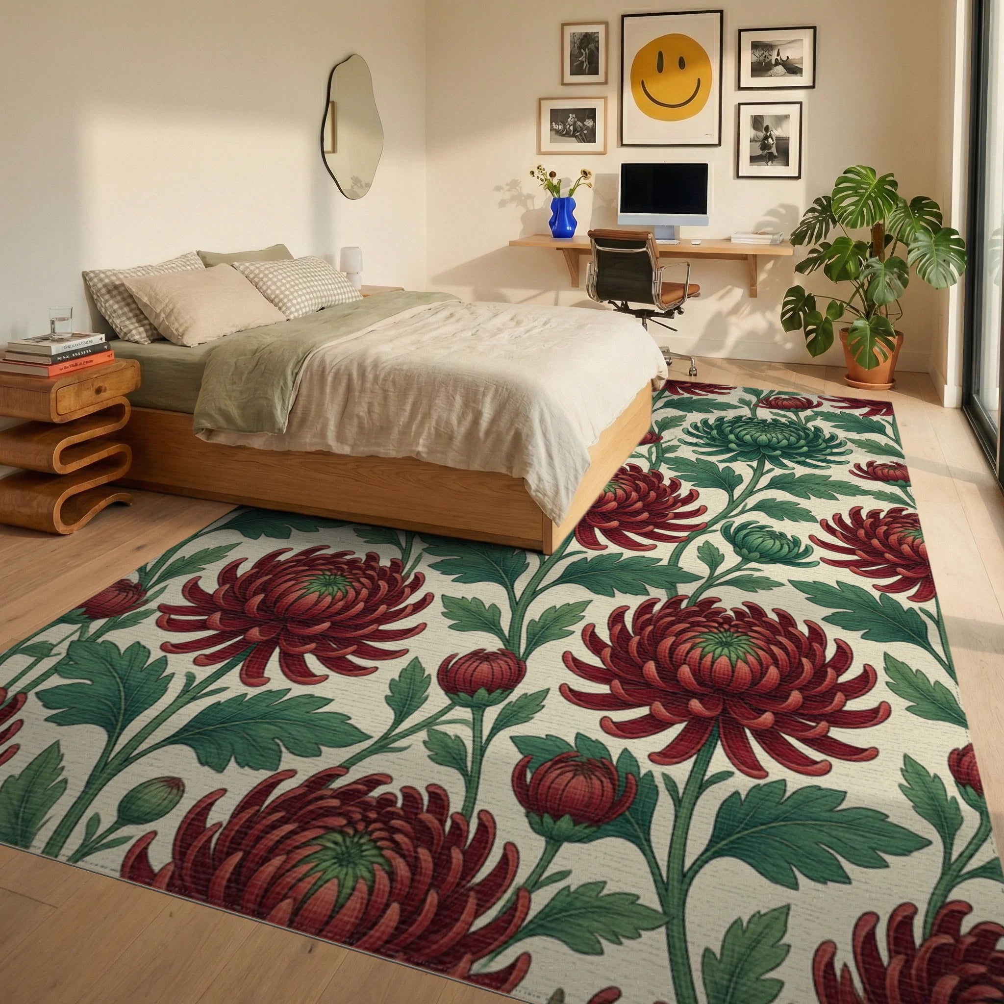 Crimson Red Green Rug - bedroom