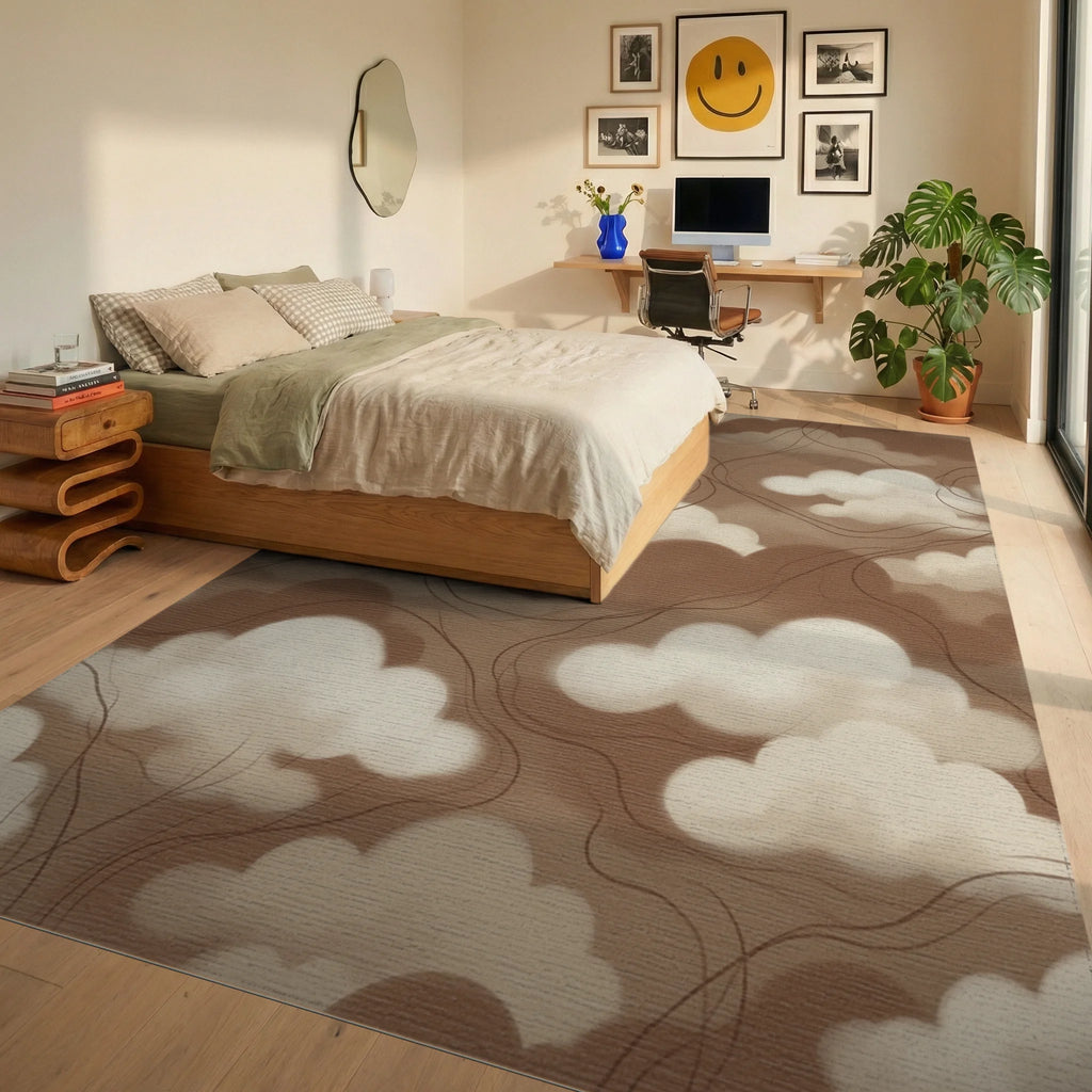 Cream White Abstract Rug - bedroom