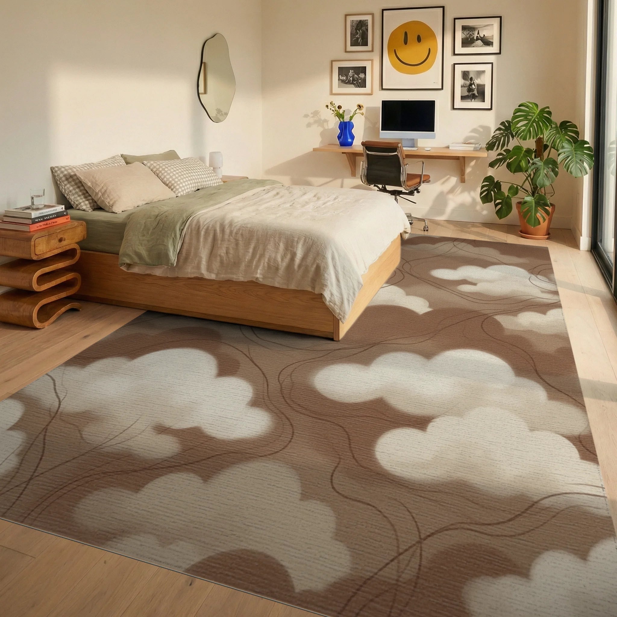 Cream White Abstract Rug - bedroom