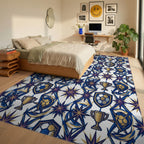 White Blue Gold Rug - bedroom