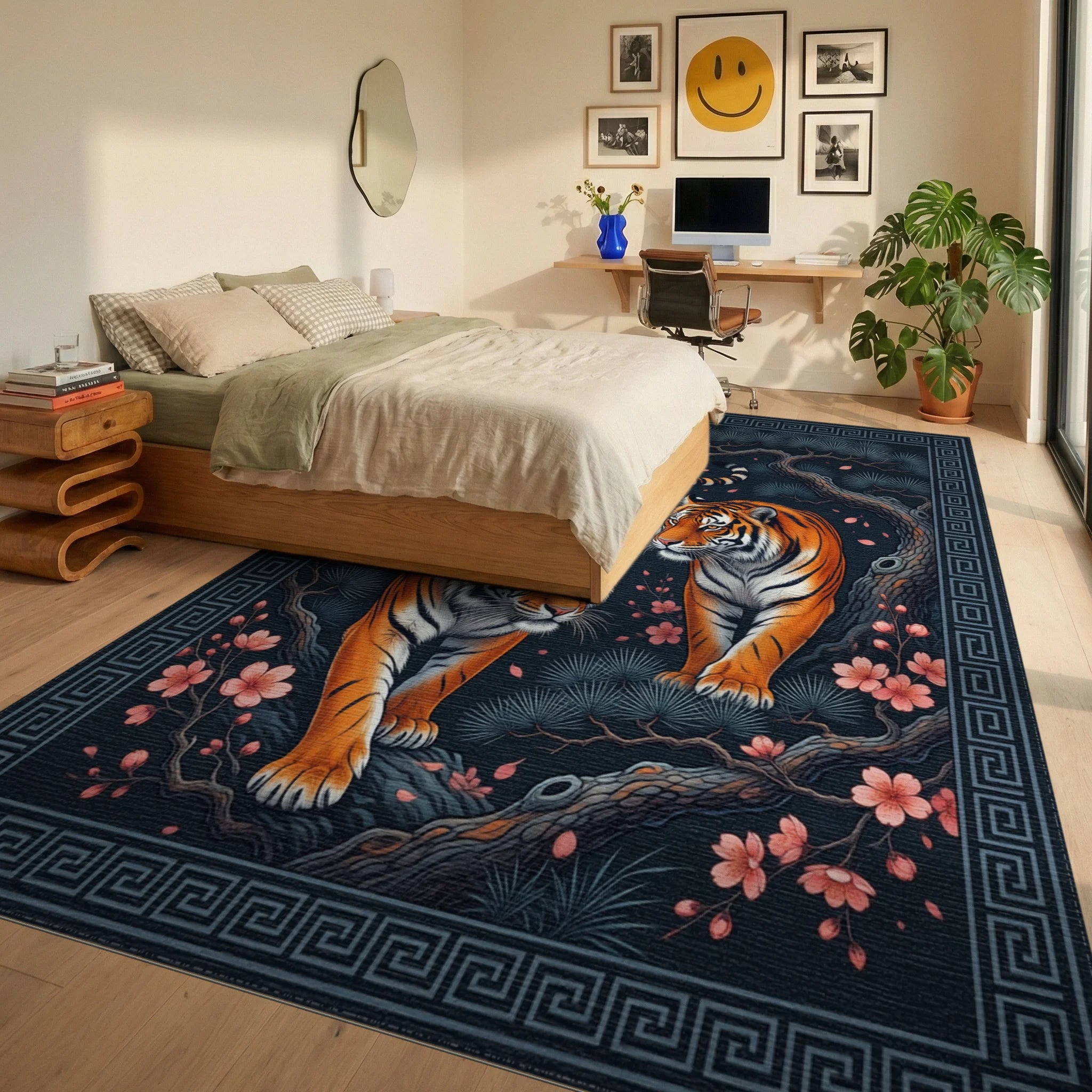 Tiger And Blossom Charcoal Area Rug - bedroom