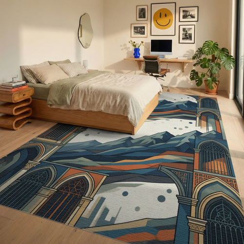 Blue White Gray Rug - bedroom