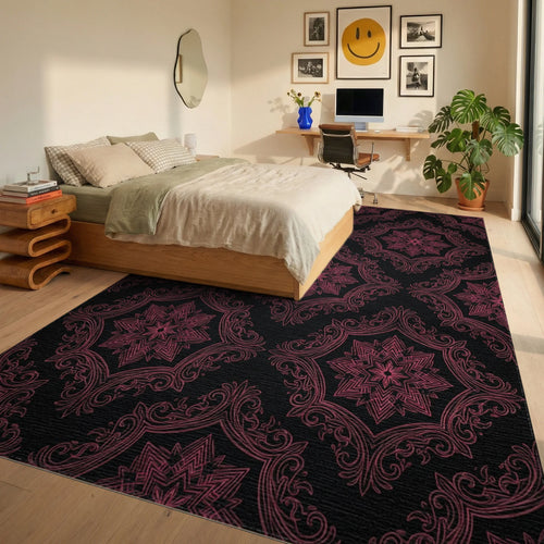 Black Pink Geometric Rug - bedroom