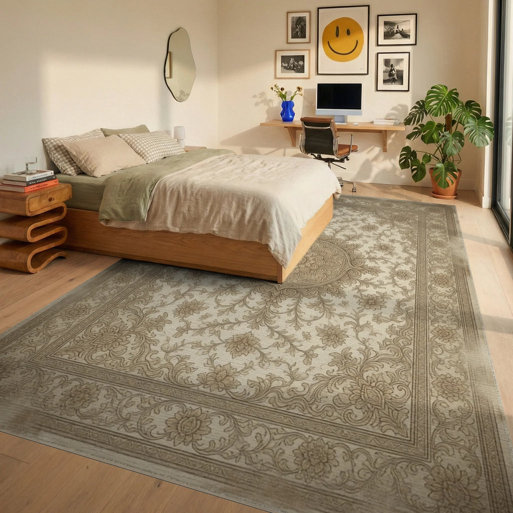 Distressed Terracotta Medallion Beige Rug - bedroom