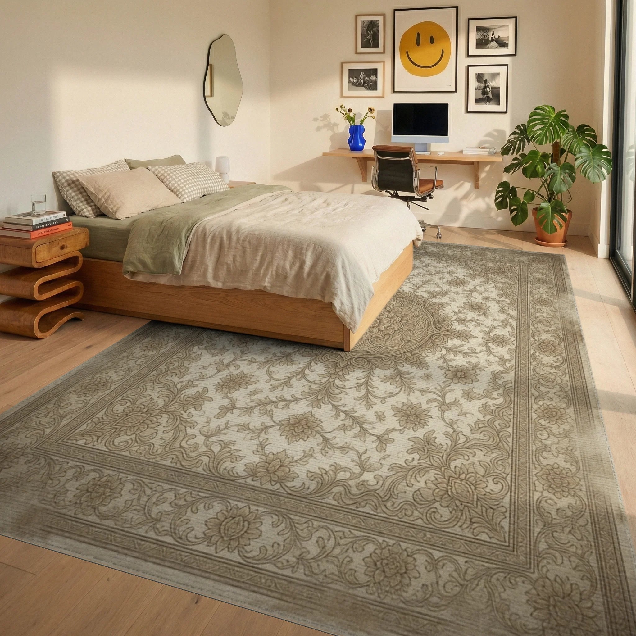 Distressed Terracotta Medallion Beige Rug - bedroom