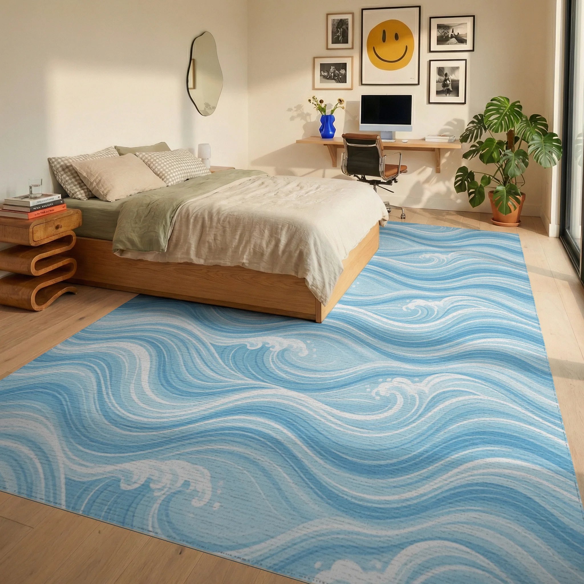 Serene Blue Undulating Wave Rug - bedroom