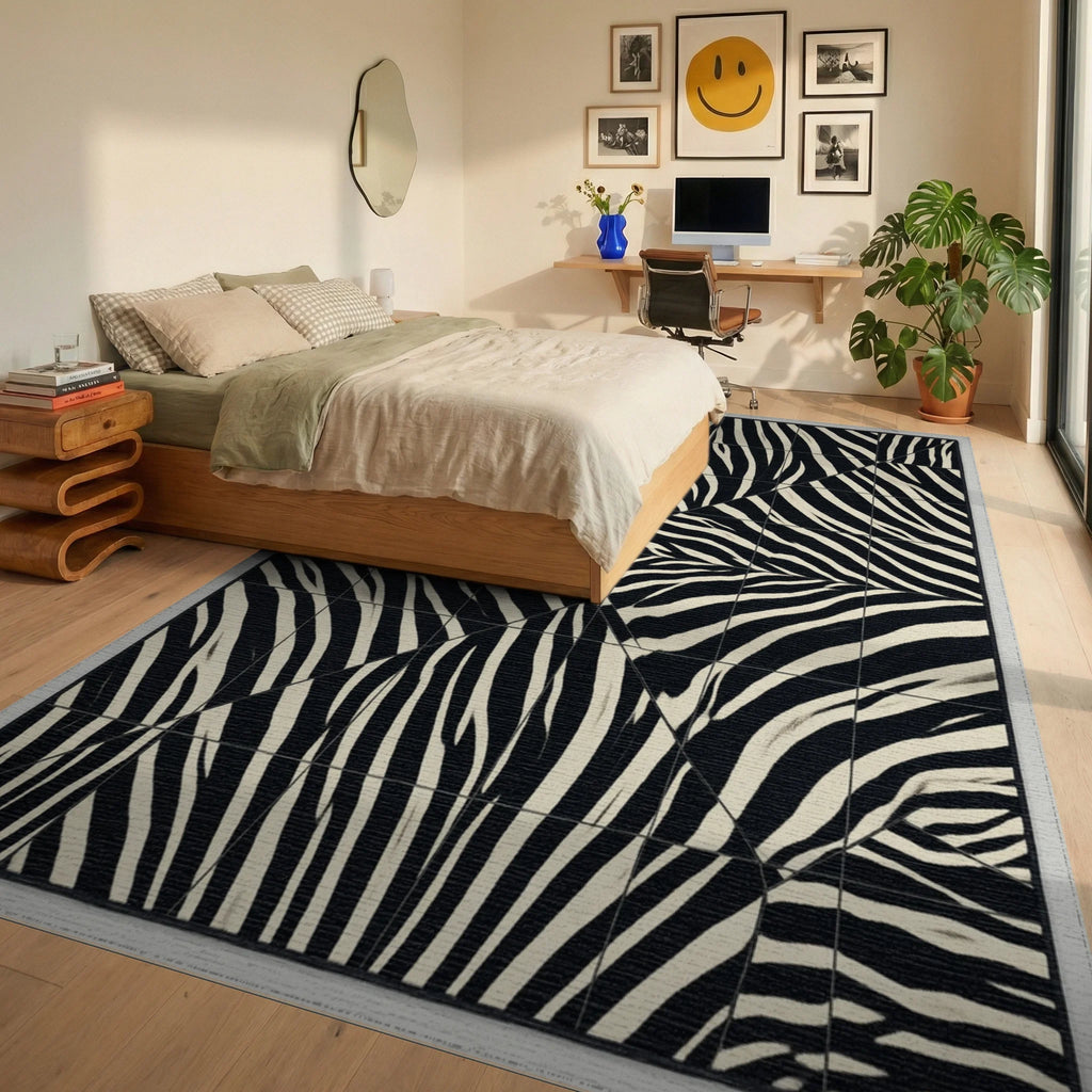 Black White Cream Rug - bedroom