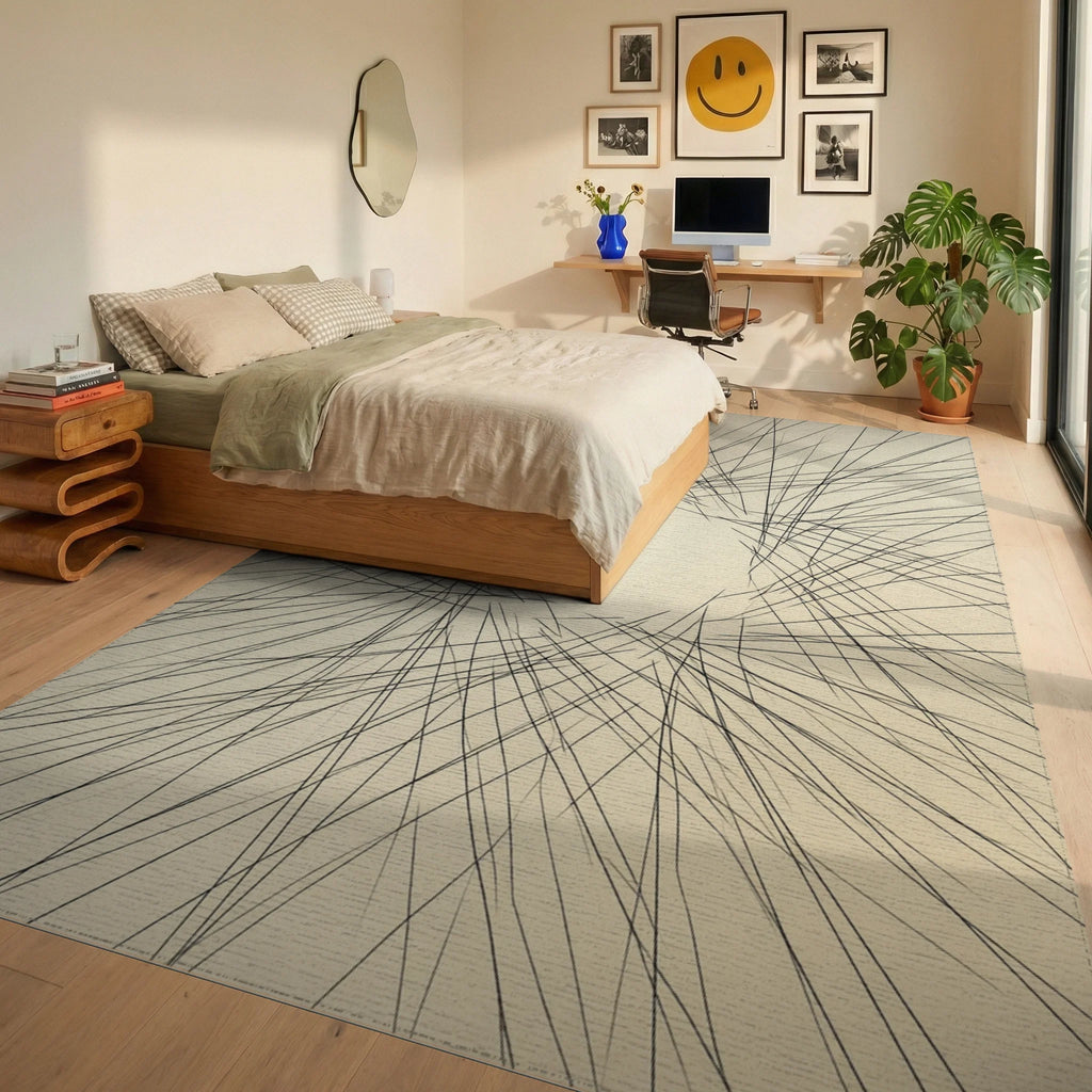 Minimalist Linear Cream and Black Rug - bedroom