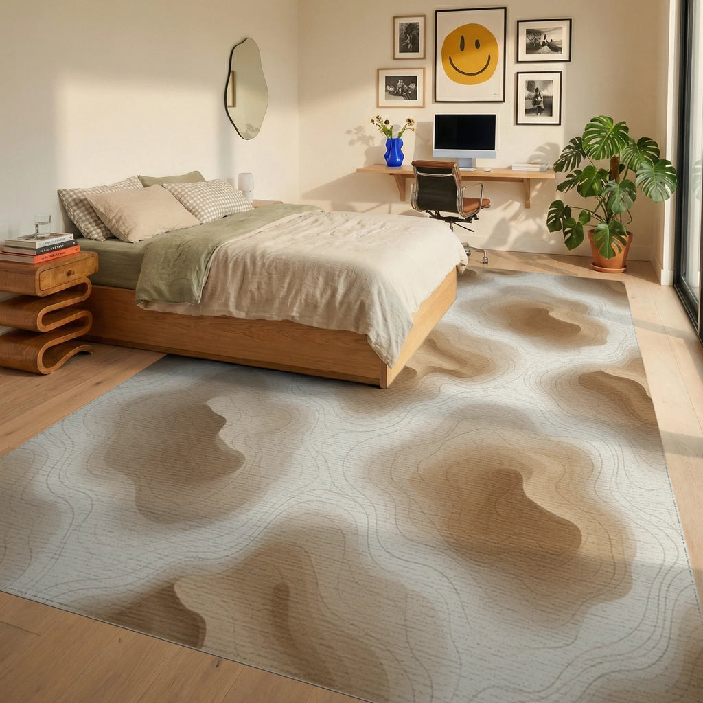 Brown White Beige Rug - bedroom