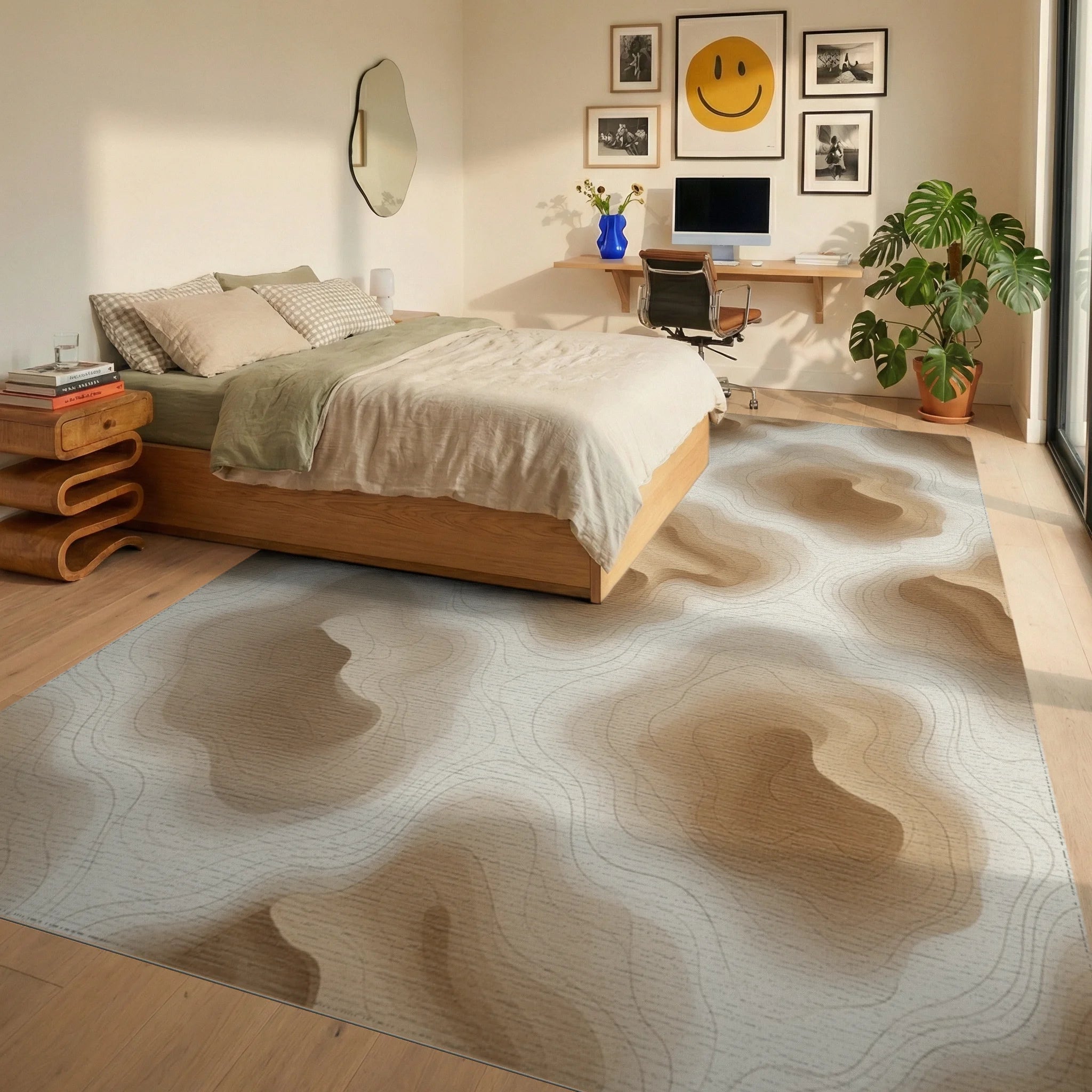 Brown White Beige Rug - bedroom