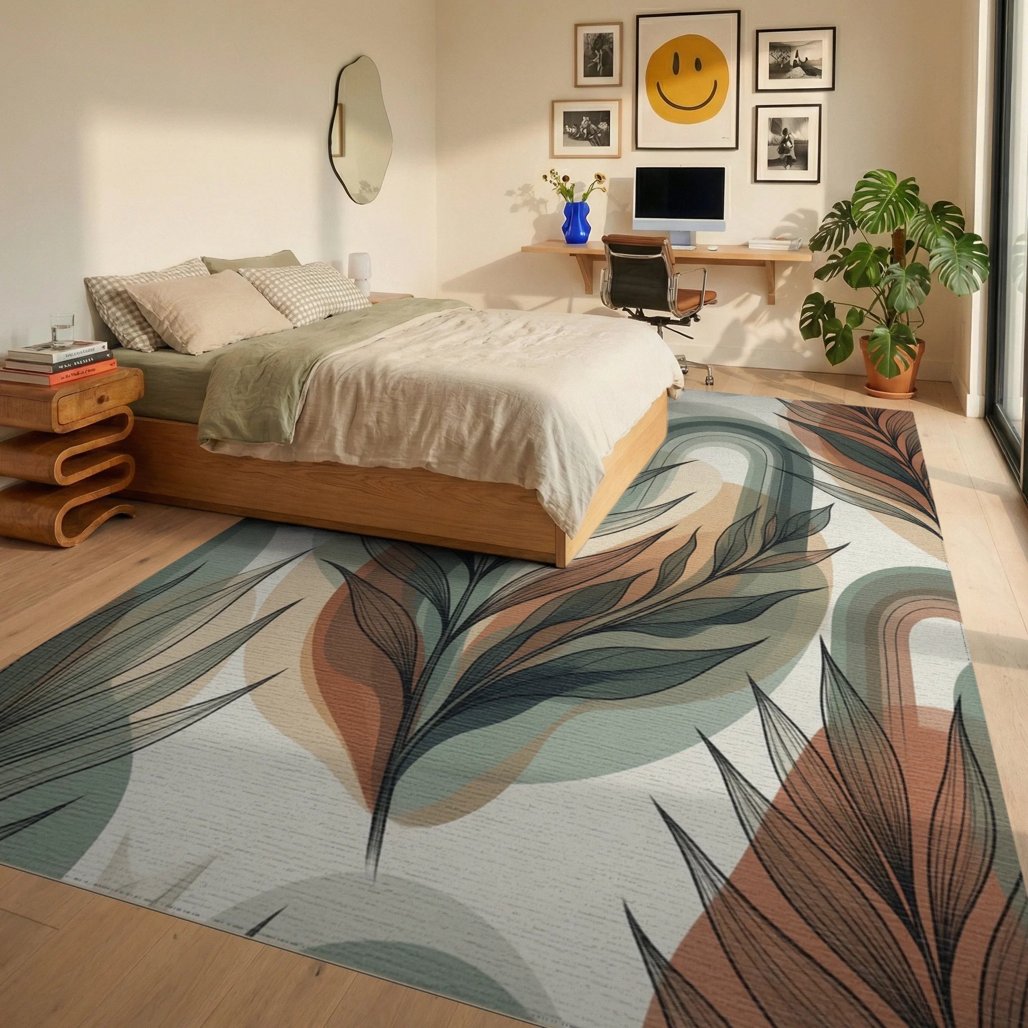Modern Green Cream Rug - bedroom