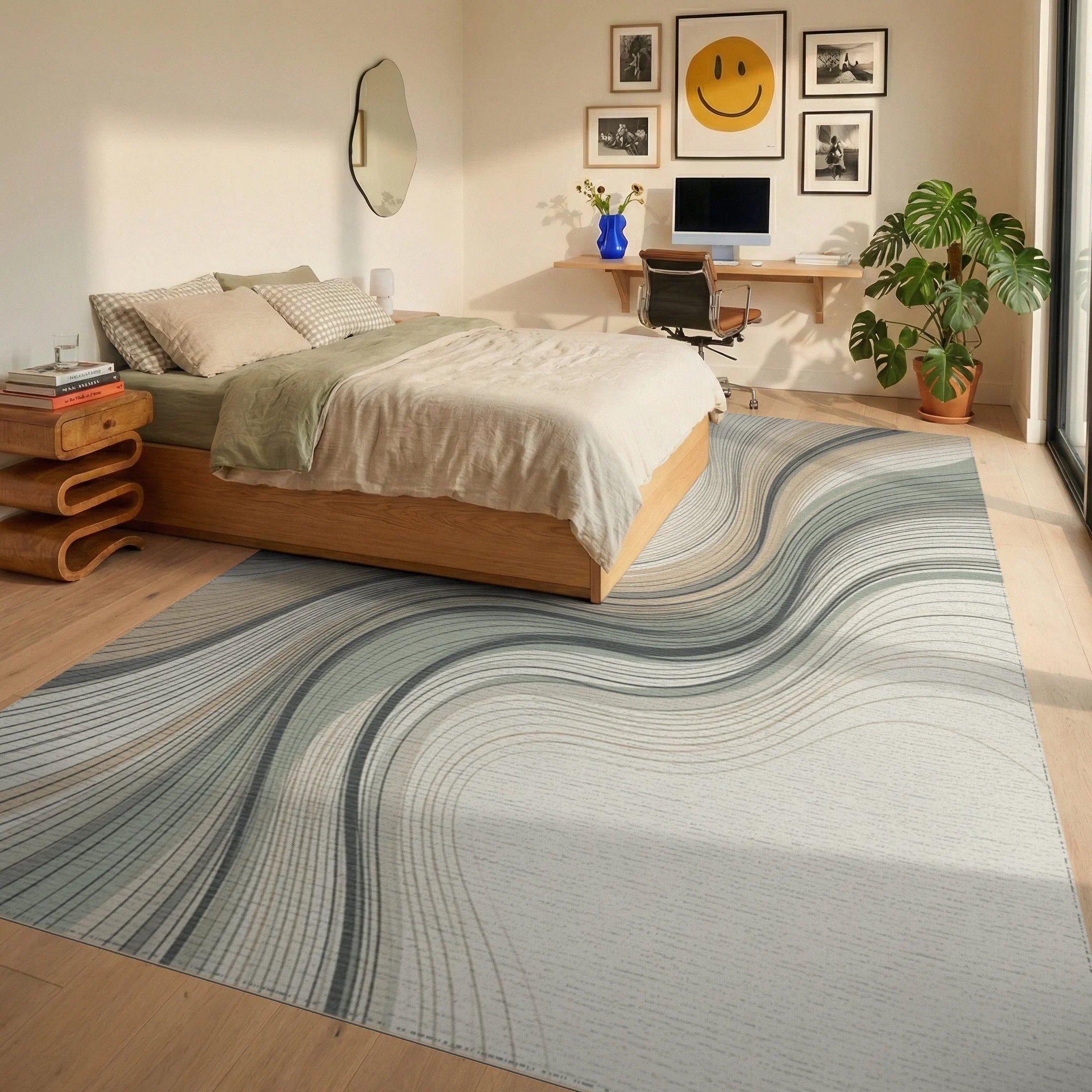 Minimalist Fluid Line Sand Sage Rug - bedroom