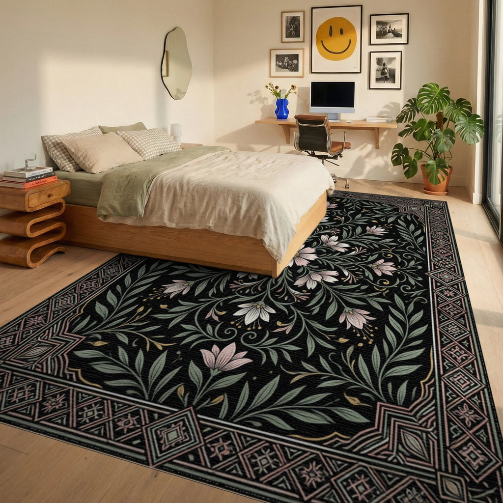 Moroccan Black White Rug - bedroom