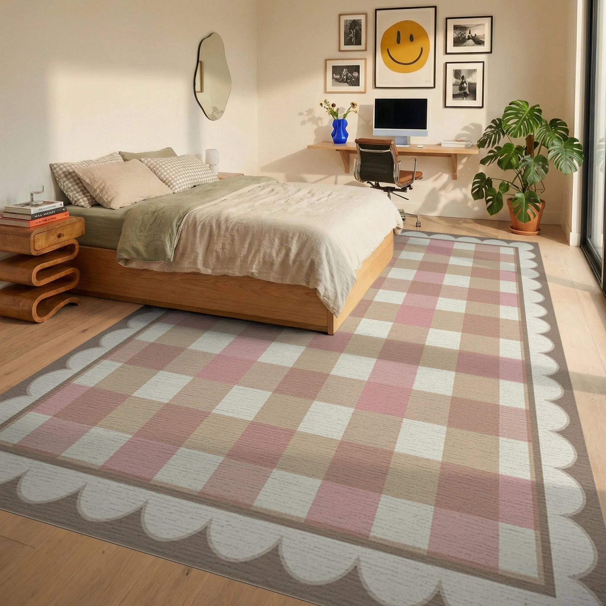 Pink Beige White Rug - bedroom