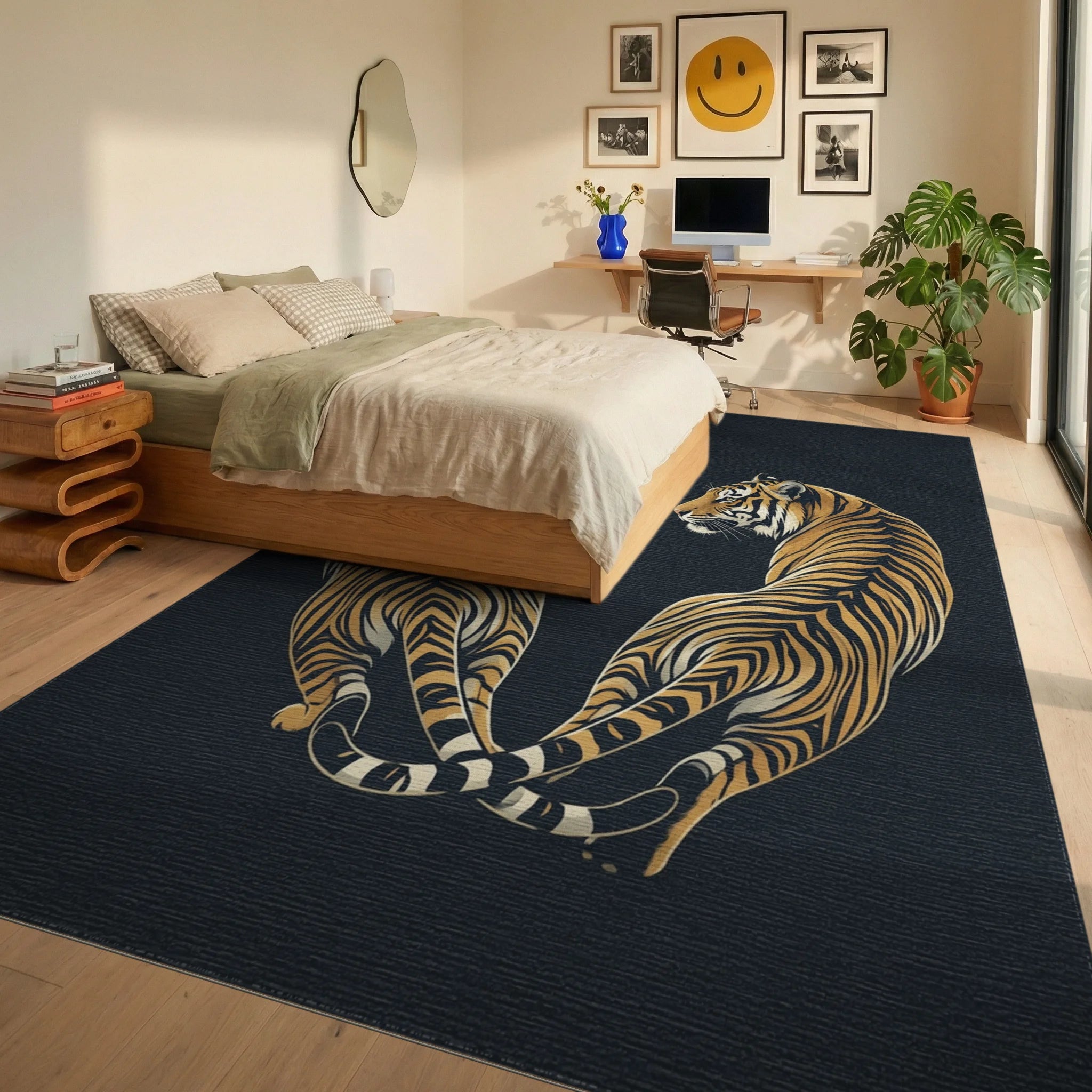 Minimalist Abstract Tiger Charcoal Area Rug - bedroom