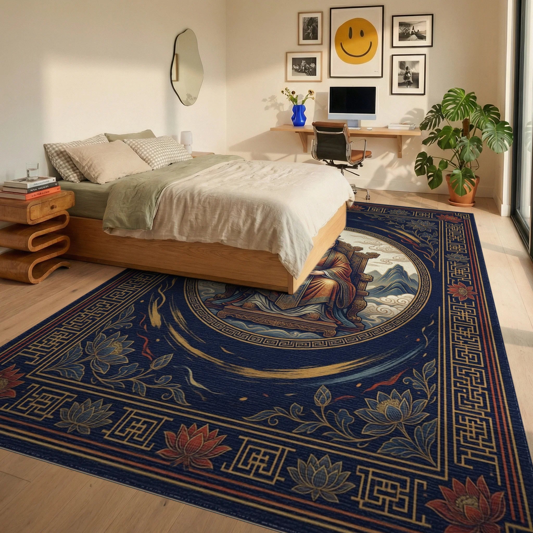 Indigo Gold Classical Medallion Rug - bedroom