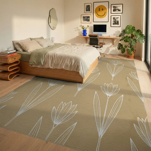 Beige White Floral Rug - bedroom