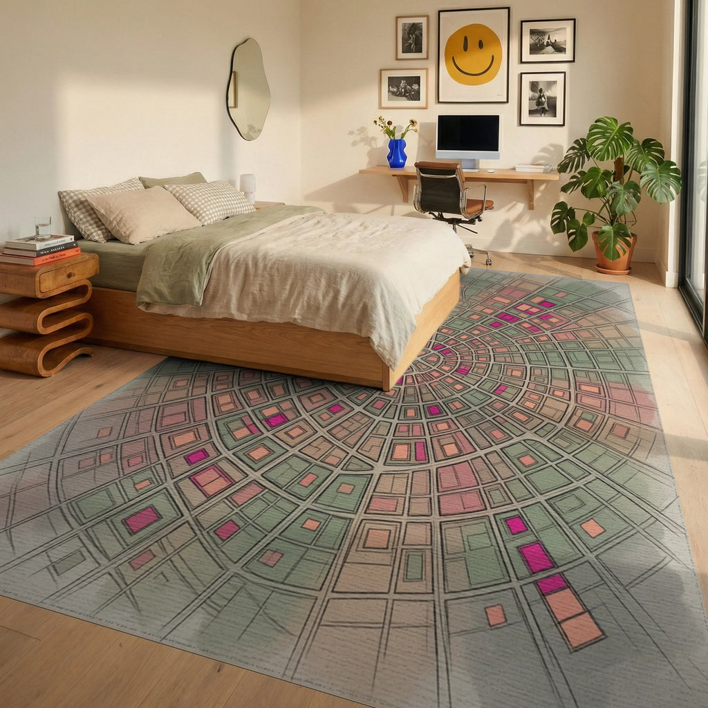 Green Beige Peach Rug - bedroom