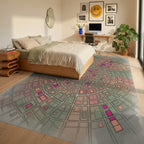 Green Beige Peach Rug - bedroom