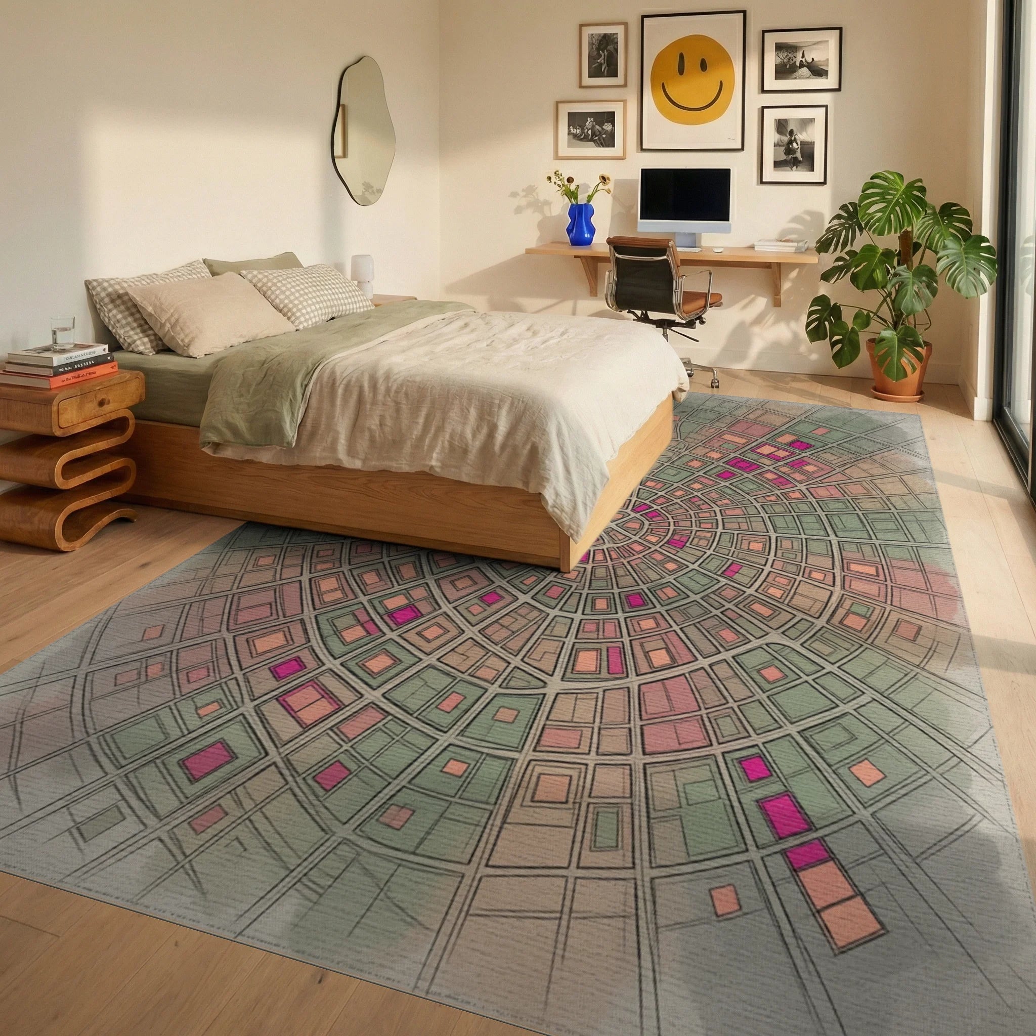 Green Beige Peach Rug - bedroom