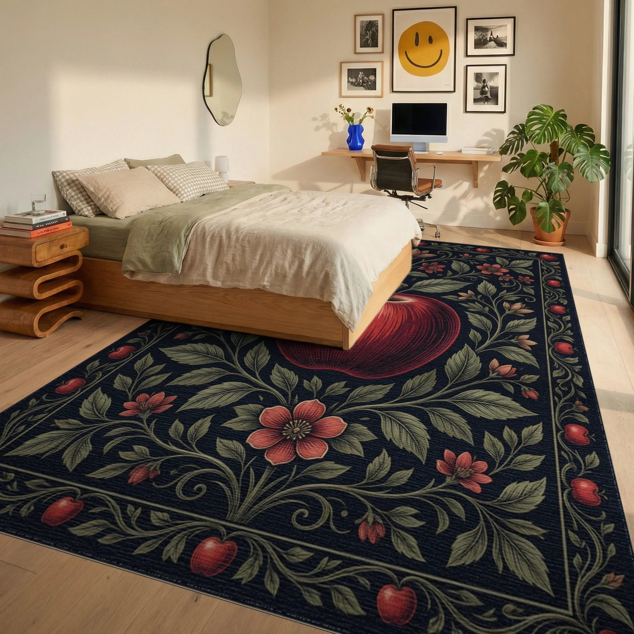 Botanical Apple Crimson Black Rug - bedroom
