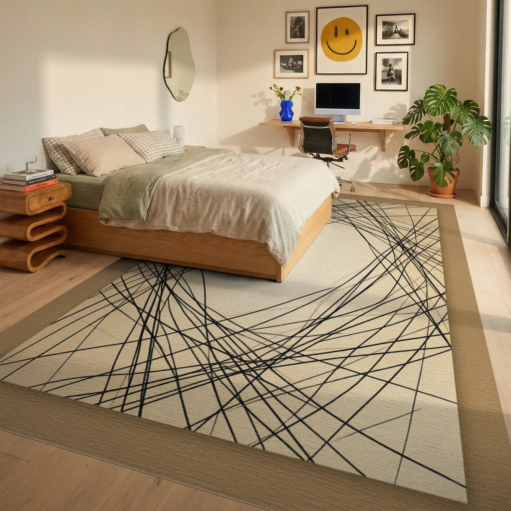 Black Cream Beige Rug - bedroom