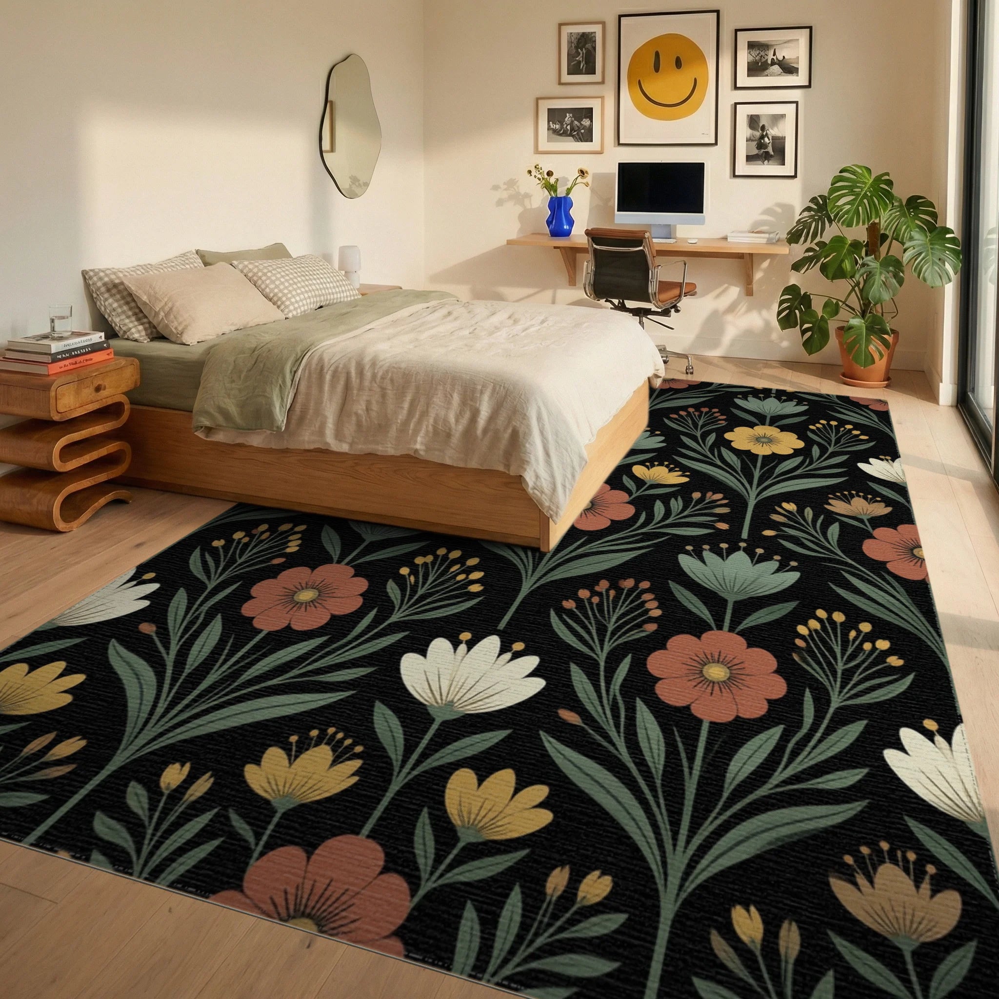 Scandinavian Black Green Rug - bedroom