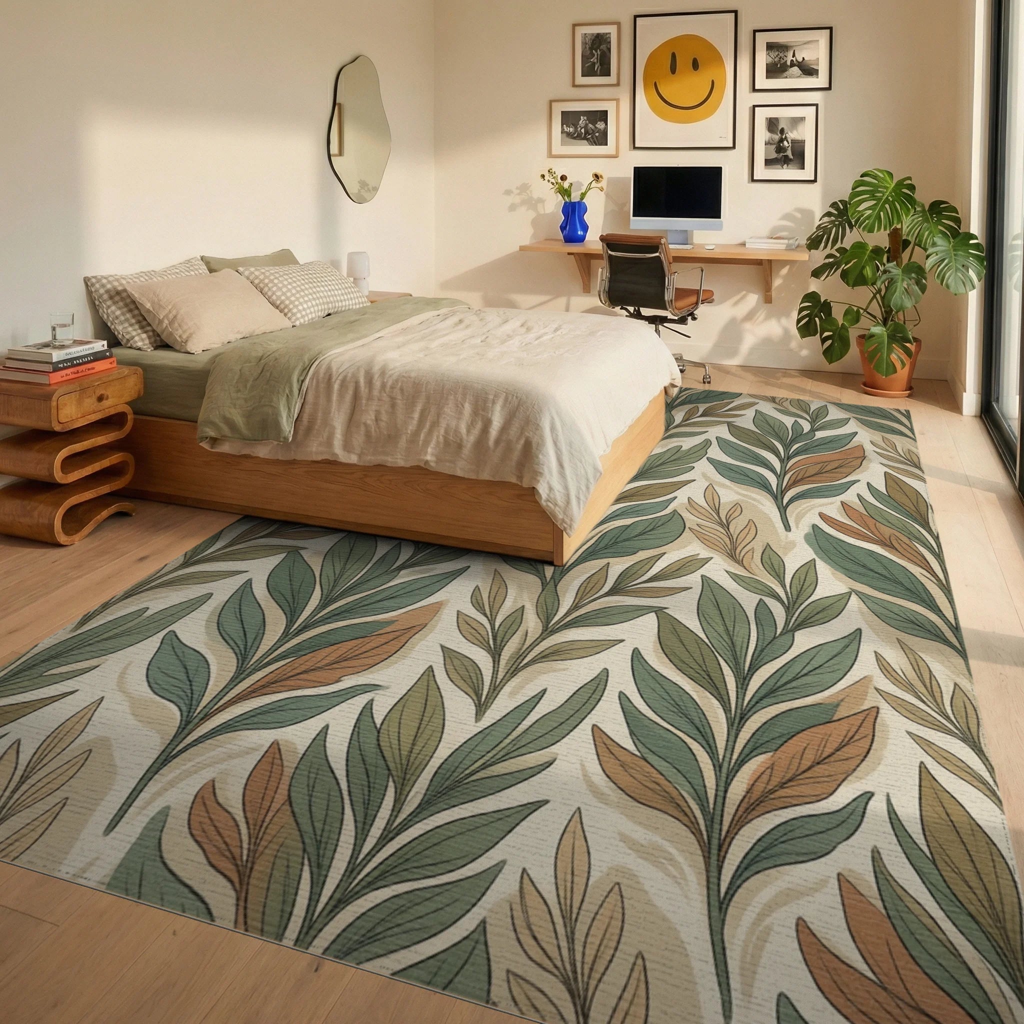 Green Beige Cream Rug - bedroom