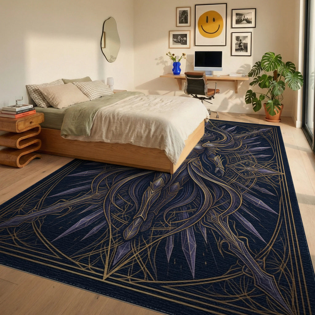 Midnight Navy Gold Abstract Warrior Rug - bedroom
