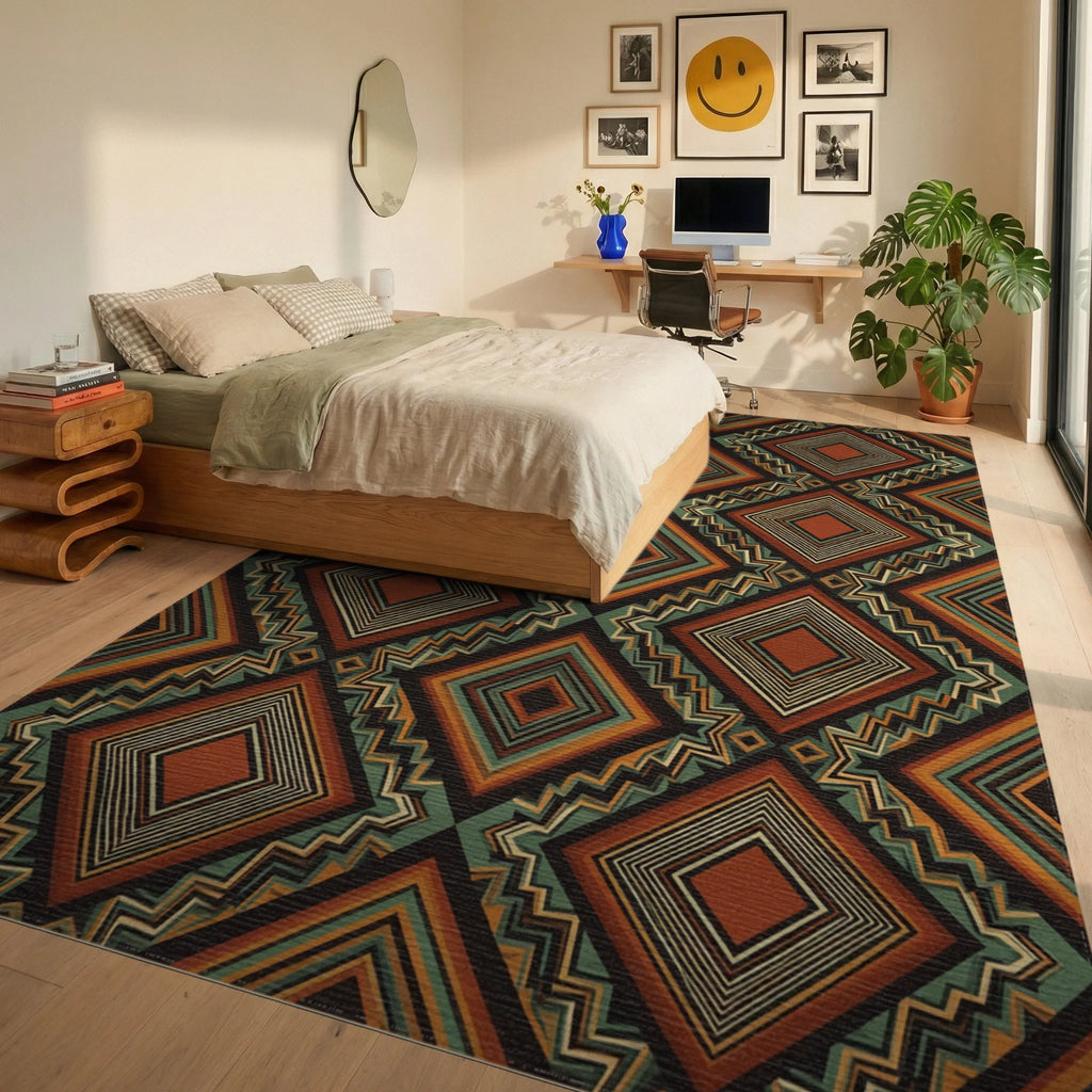 Green Brown Geometric Rug - bedroom