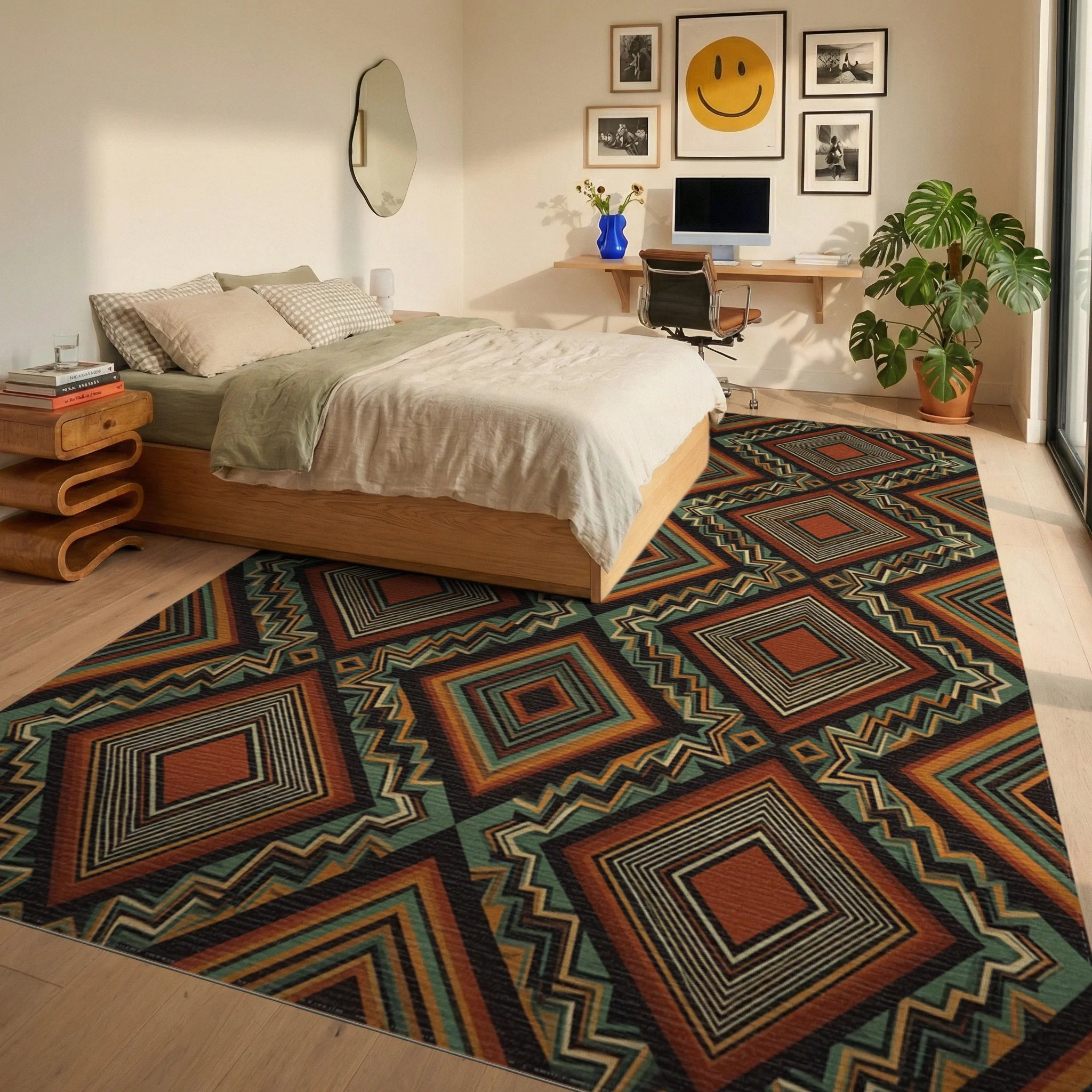 Green Brown Geometric Rug - bedroom