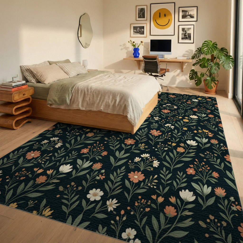 Scandinavian Black Green Rug - bedroom