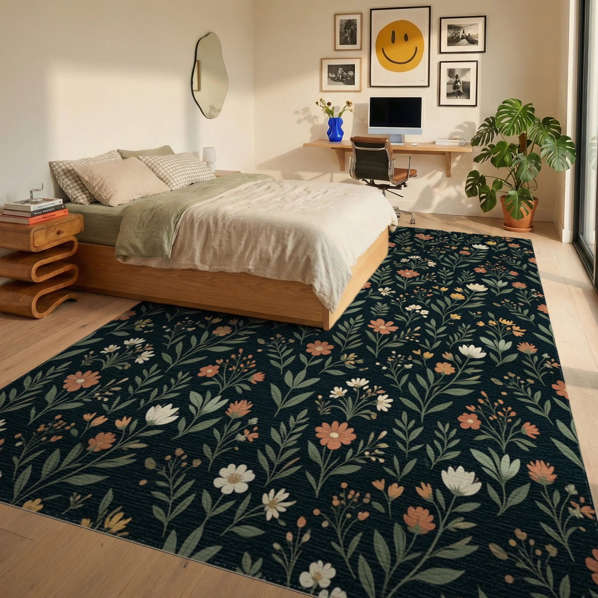 Scandinavian Black Green Rug - bedroom