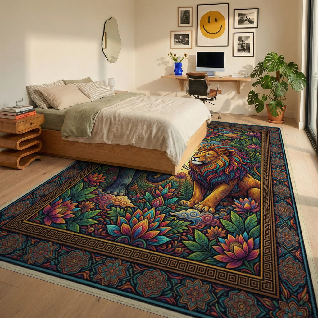 Maximalist Elephant And Lion Cream Rug - bedroom