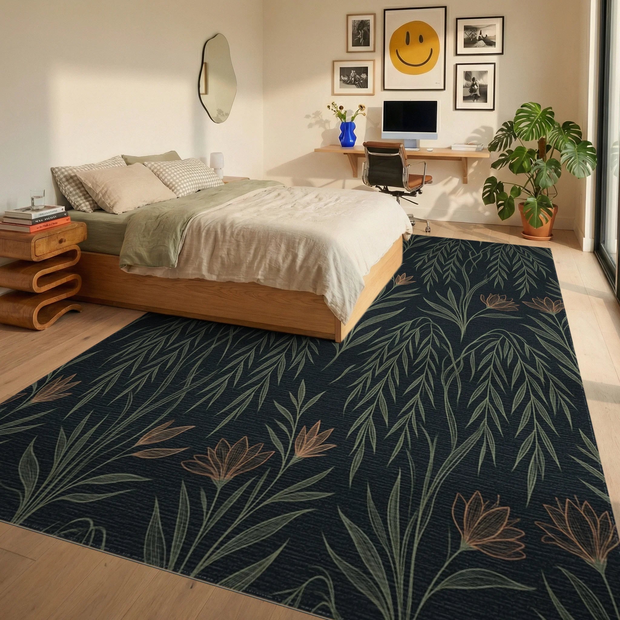 Sage Botanical Charcoal Graphic Rug - bedroom