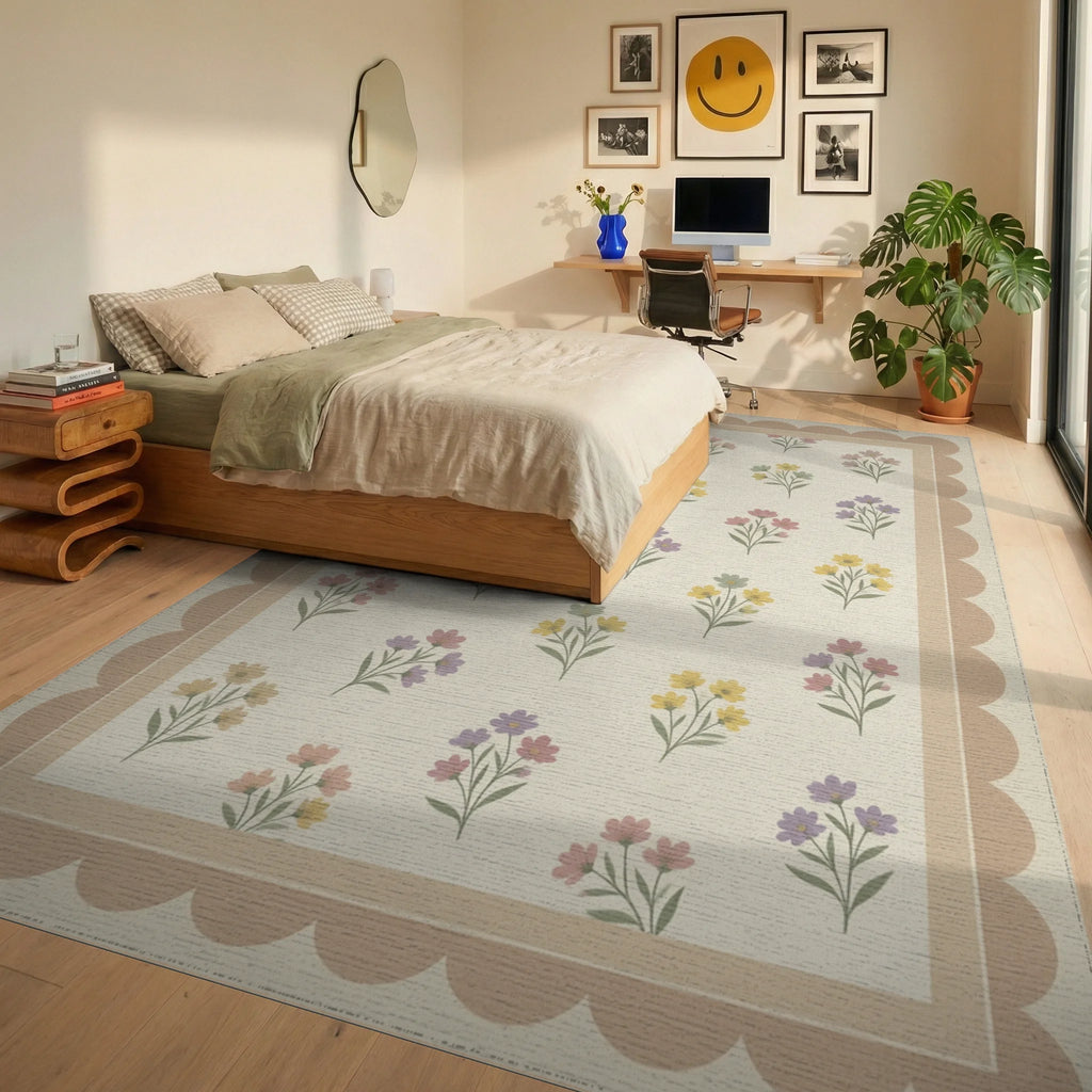 Traditional Cream Green Rug - bedroom