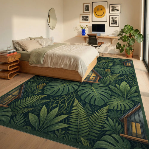 Botanical Cabin Forest Green Area Rug - bedroom