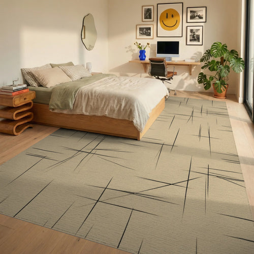 Beige Black Minimalist Rug - bedroom