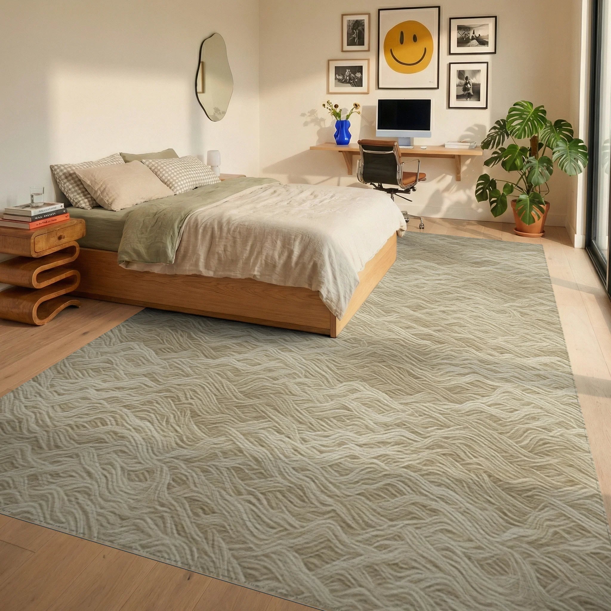 Cream Beige Geometric Rug - bedroom