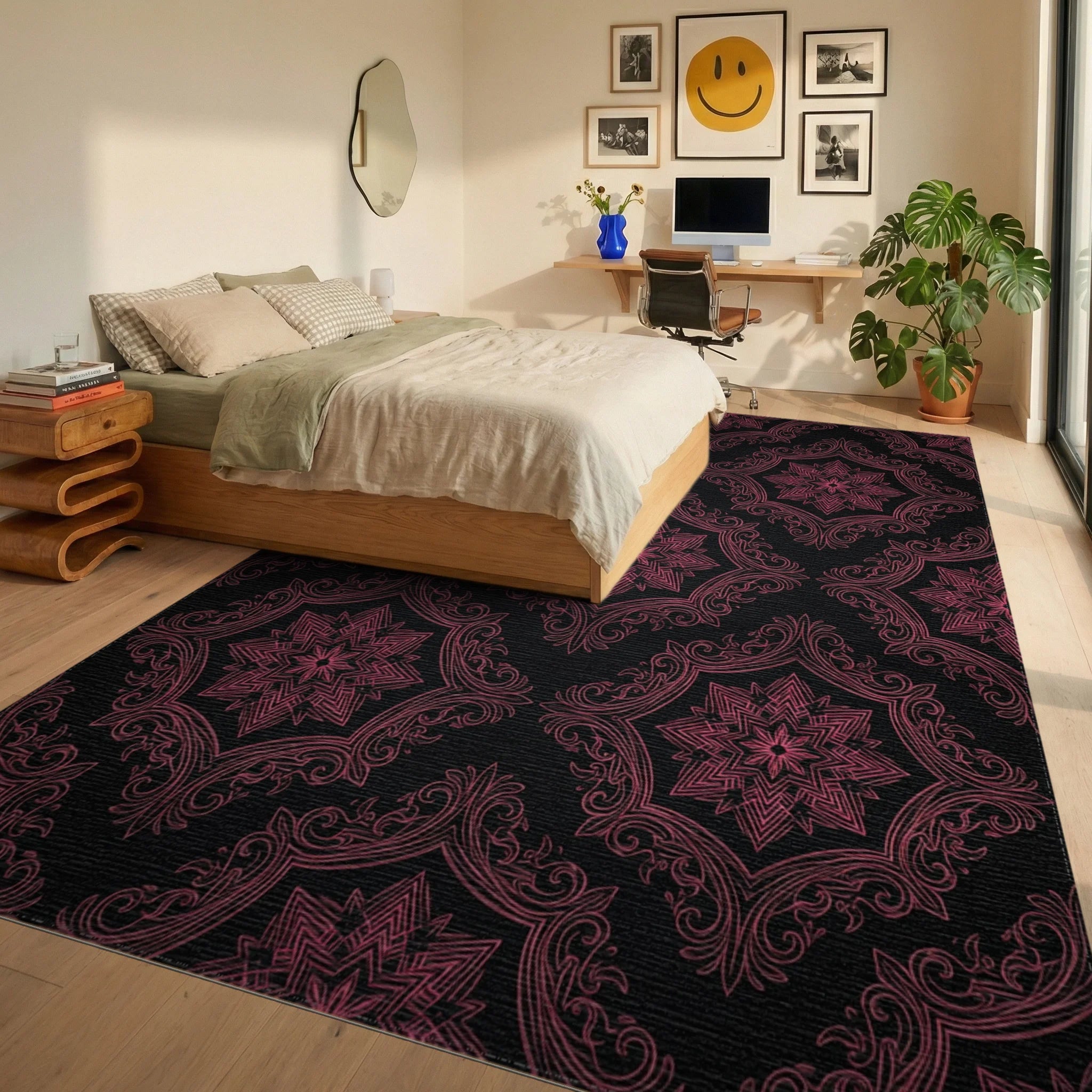 Black Pink Geometric Rug - bedroom