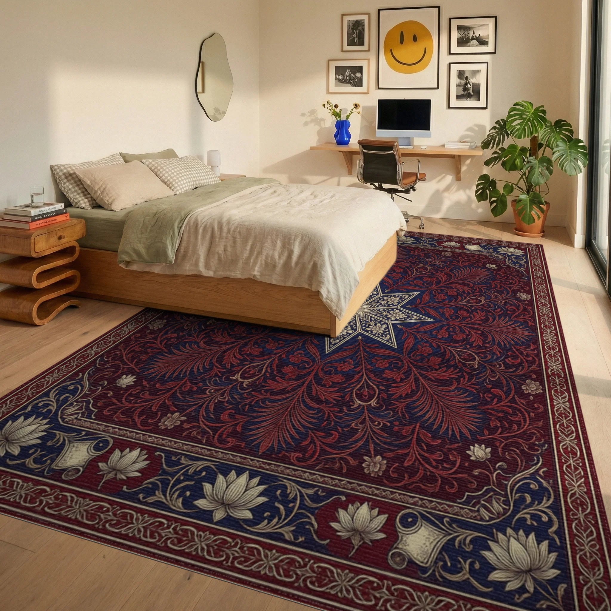 Indigo Red Floral Rug - bedroom