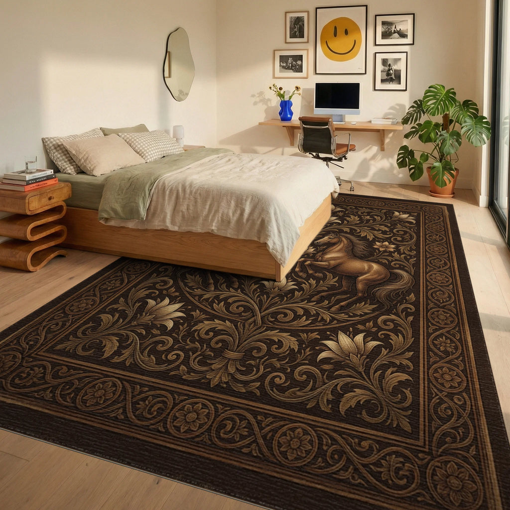 Equestrian Medallion Earth Tone Rug - bedroom