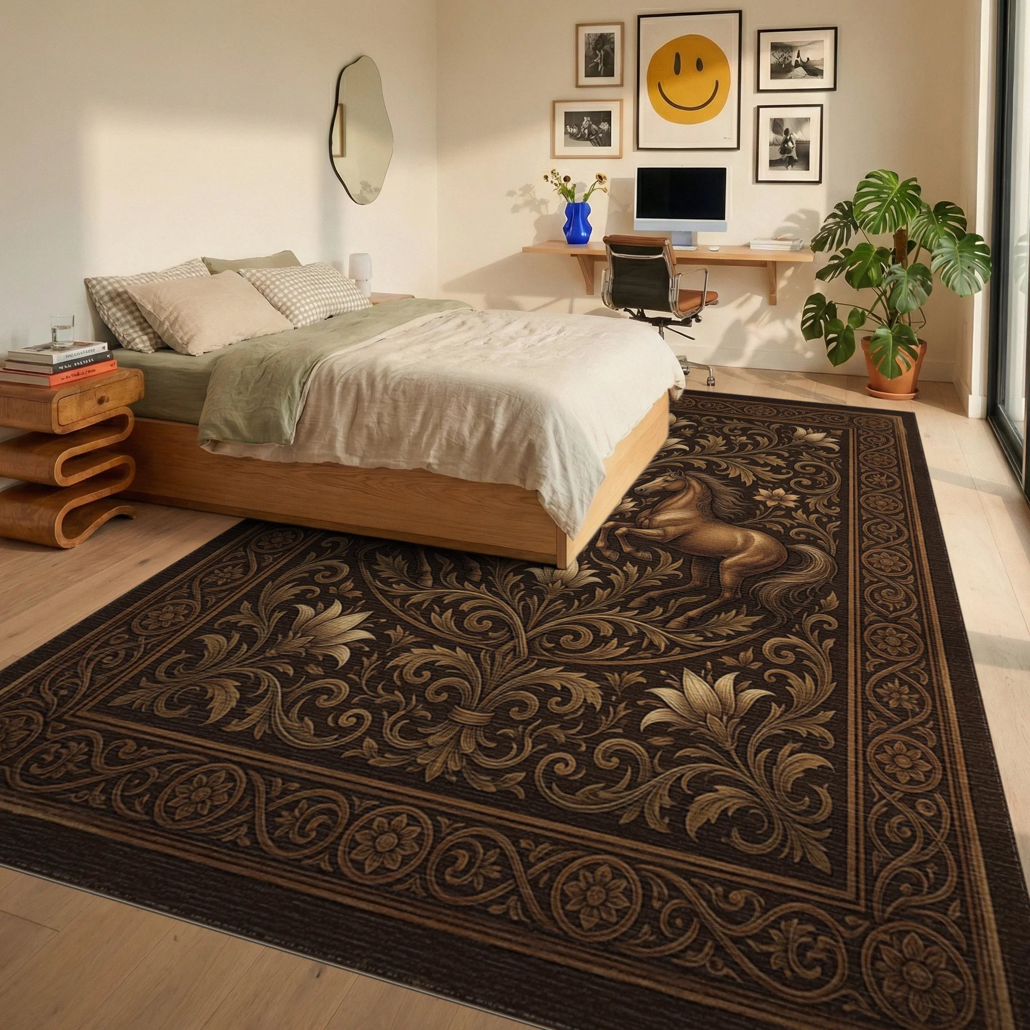 Equestrian Medallion Earth Tone Rug - bedroom