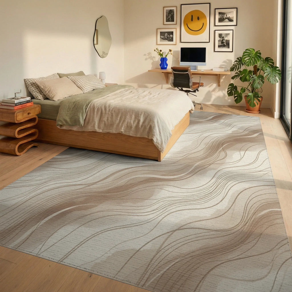 Cream Beige Abstract Rug - bedroom
