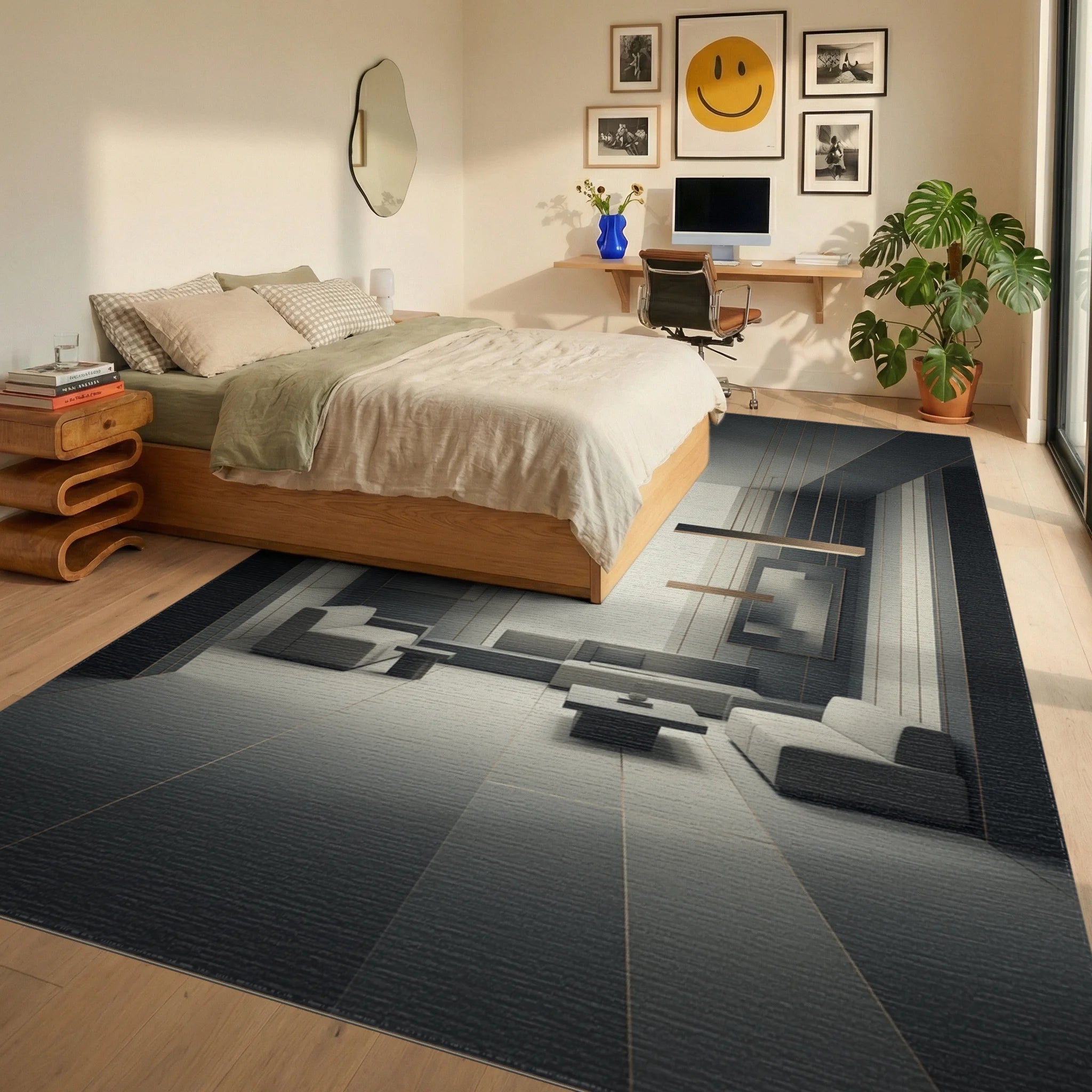 Cream Abstract Minimalist Rug - bedroom