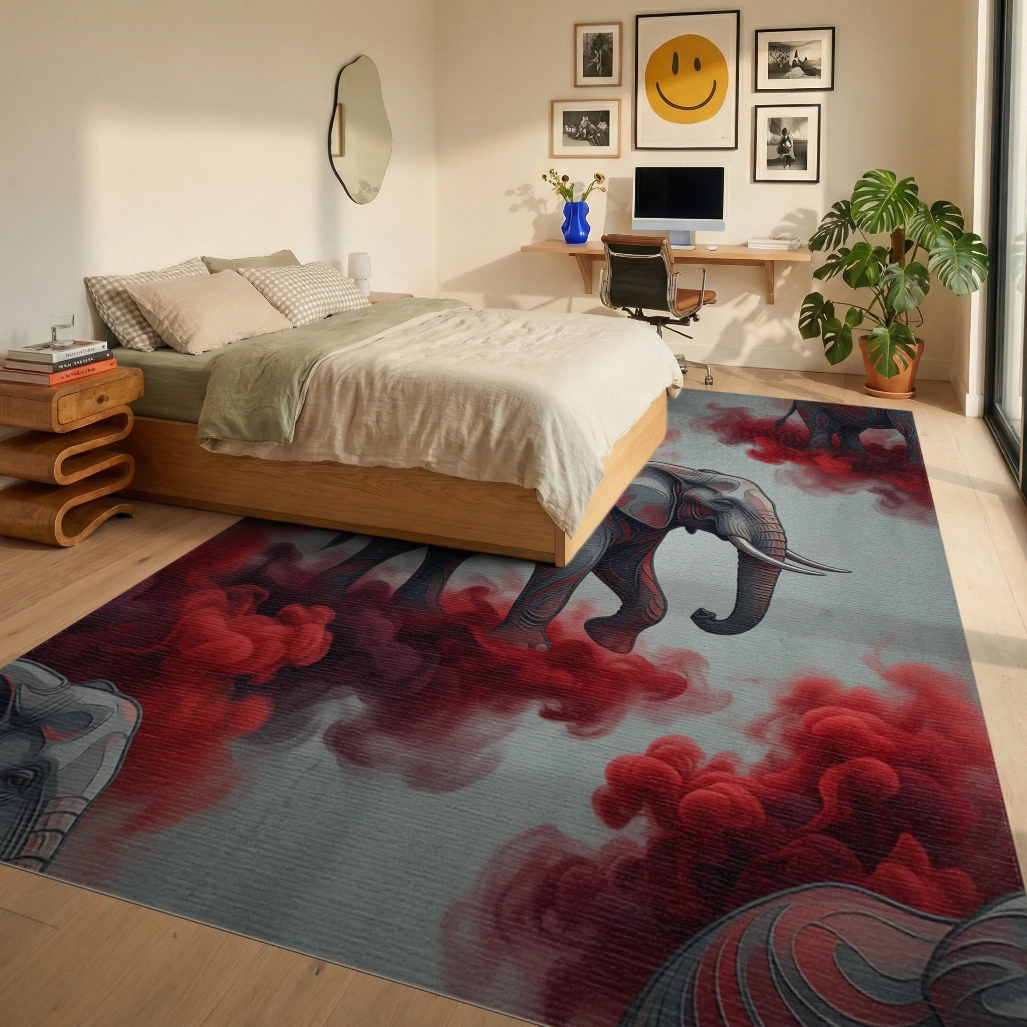 Minimalist Elephant Slate And Crimson Rug - bedroom