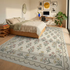 Traditional Cream Green Rug - bedroom