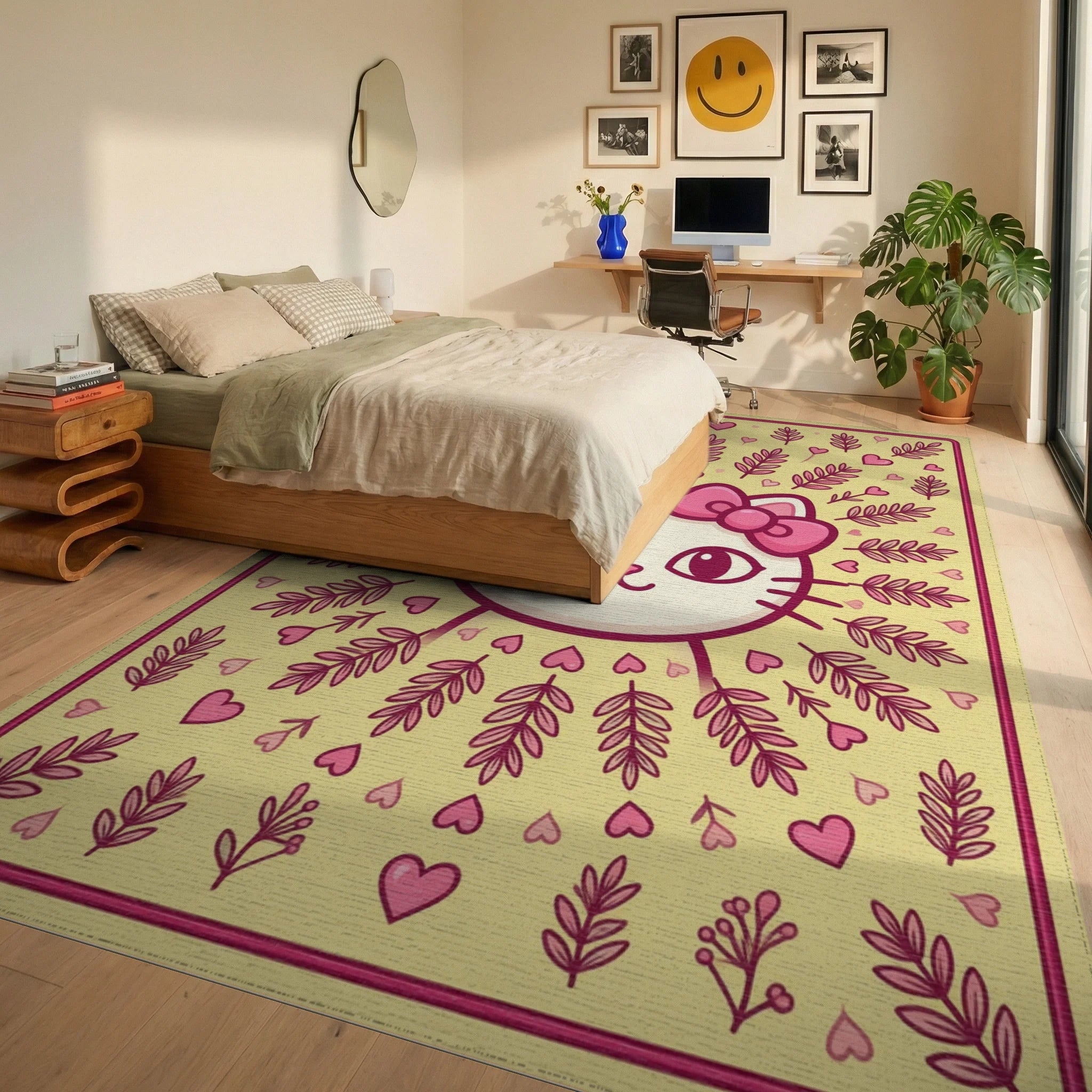Whimsical Feline Pink Bow Area Rug - bedroom