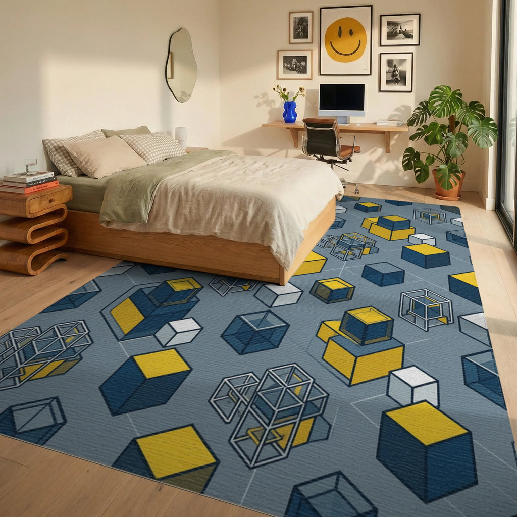 Minimalist Geometric Navy Yellow Grid Rug - bedroom